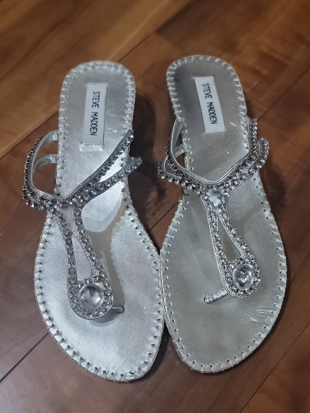 Steve Madden Silver Jeweled T-Strap Sandals for Women